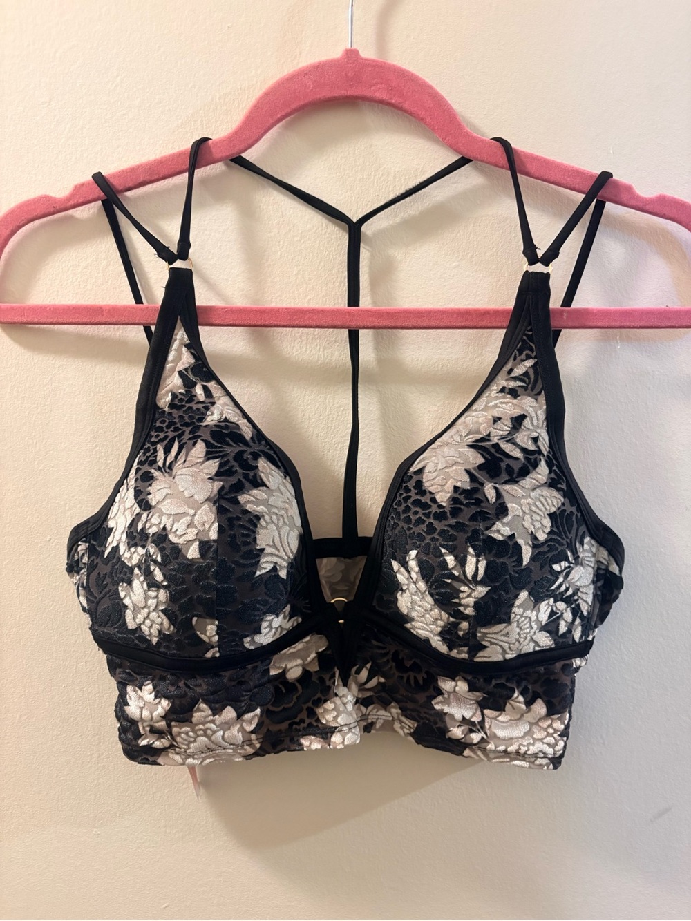 PINK Victoria's Secret Black Lace Bralette with Cream Floral Embroidery